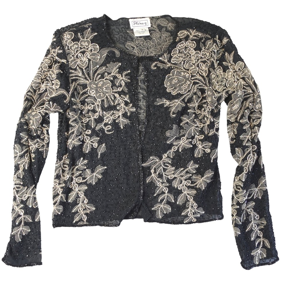 Vintage Stenay Beaded Top Women 6 Black Floral Sheer Evening Cardigan Whimsigoth